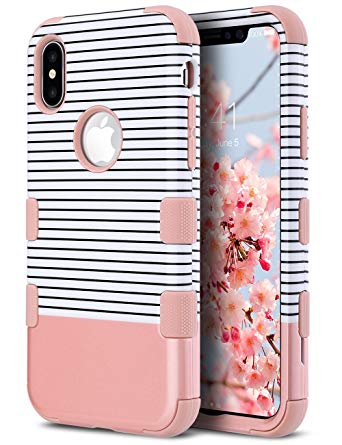 ULAK Protective Case for iPhone Xs 5.8 Inch 2018, iPhone X 2017,Heavy Duty Protection Hybrid Soft Silicone Rubber & Hard PC Anti-Slip Grip Cover Support Wireless Charging, Rose Gold Minimal Stripes