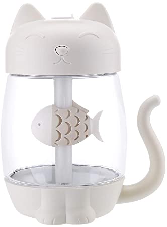 Highpot 350ML Cute Cat Cool Mist Humidifier LED Night Light Diffuser Purifier Atomizer Can Power Fans and Nightlights (White)
