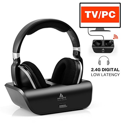 Wireless TV Headphones Over Ear Headsets - Digital Stereo Headsets with 2.4GHz RF Transmitter, Charging Dock, 100ft Wireless Range and Rechargeable 20 Hour Battery, Black
