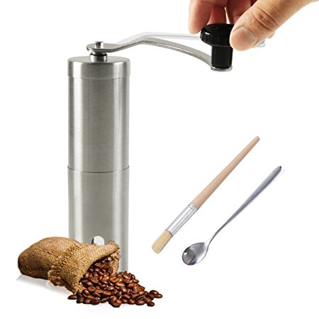 Manual Coffee Grinder, Brushed Stainless Steel Hand Crank Mill with Spoon and Brush - Perfect for Home, Traveling, Camping