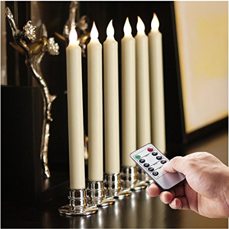 10 Inch Flameless Battery Powered Ivory Wax Taper Candles with Remote and Timer & Candlestick, Warm White Flickering Light, Set of 6