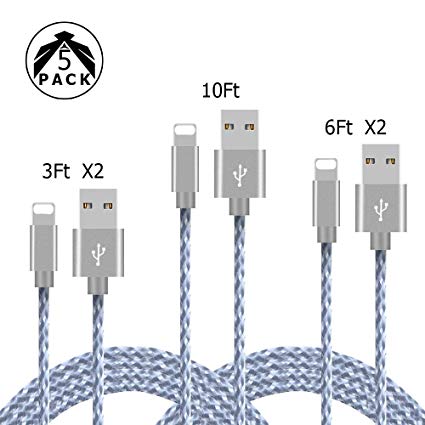 iPhone Charger MFi Certified Lightning Cable,5 Pack(3/3/6/6/10FT)Extra Long Nylon Braided USB Charging&Syncing Cord Compatible with iPhone Xs/XR/XS Max/X/7/7Plus/8/8Plus/6S/6SPlus/5se/5s/5(White Gray)