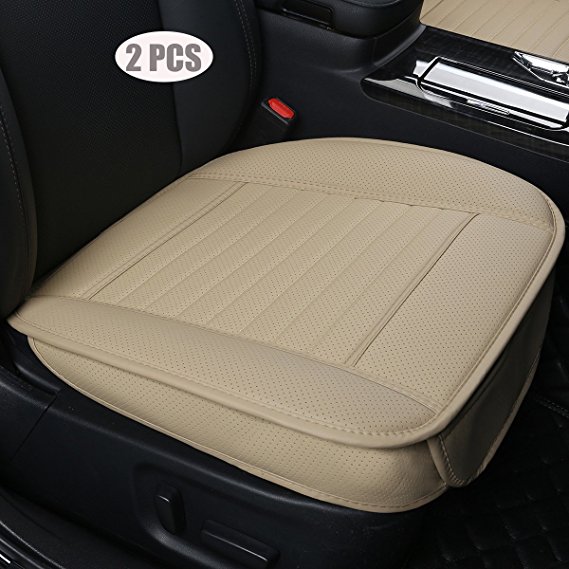 EDEALYN 2PCS PU leather Seat Covers Auto Seat Protector Car Seat Covers for Front Seat with Side flaps,(Deep20 inch × Width20 inch × Thick 0.4 inch) (Beige-2 PCS)
