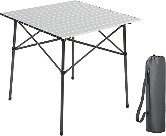 Portal Folding Aluminium Camping Table Square Table 70x70cm Roll Up Top 4 People Compact Garden Table with Carry Bag for Picnic Camp Backyard BBQ, Sliver