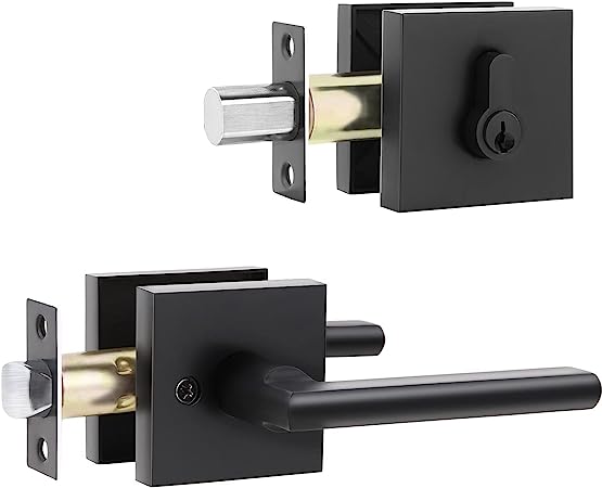 Ohuhu Exterior Door Lock Set with Deadbolt, Heavy Duty Front Door Handle Deadbolt and Door Knob Set - Entry Door Locksets Matte Black Door Handle Modern Contemporary Square Sleek Design Zinc Alloy