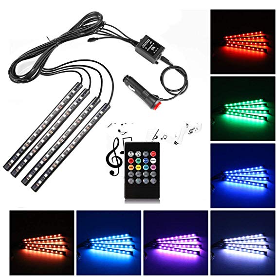 Car LED Strip Light,Uniwit 4 Pieces DC 12V 72 LED Multicolor Car Interior Music Light LED Underdash Lighting Kit with Sound Active Function and Wireless Remote Control Including Car Charger