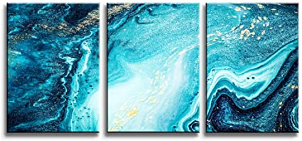 Ocean Abstract Canvas Wall Art Prints Waves Seascape Pictures Blue Painting Artwork 3 Pieces Framed for Living Room Bedroom Office Decoration, Ready to Hang (40x60″x3pcs)