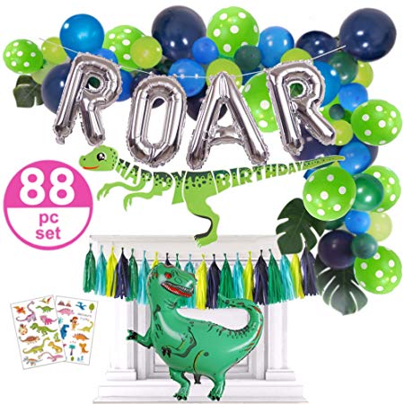Dinosaur Party Supplies - 88pc Dinosaur Party Decorations Set for Boys Toddlers - Jungle Theme Balloon Garland, Blow Up T Rex & ROAR, Happy Birthday Banner