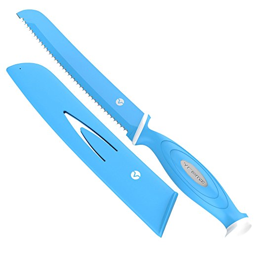 Vremi Serrated Bread Knife - Stainless Steel Slicer with BPA Free Sheath Cover - Professional Knife with Sharp Blade and Ergonomic Handle - Kitchen Tool for Slicing Cake Sandwich Tomatoes - Blue