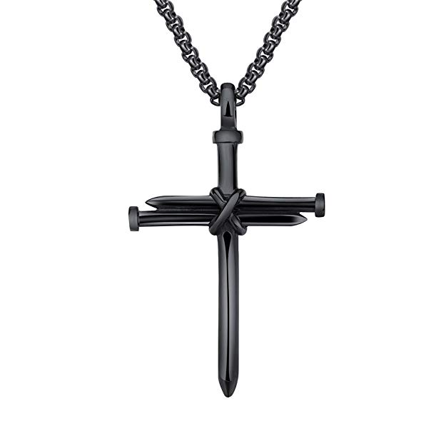 HIJONES Men's Stainless Steel Nail Cross Charm Pendant Necklace Polished Gold Silver Black