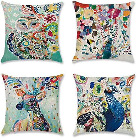Artscope Decorative Cushion Covers for Sofa Couch Soft Polyester Linen Throw Pillow Covers Pillowcases with Invisible Zipper 45 x 45 cm Set of 4 (Colorful Painted Animal)