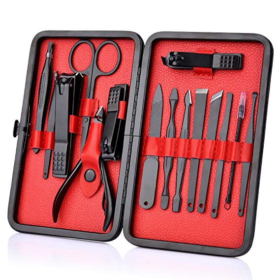 15 in 1 Manicure Pedicure Set Nail Clippers - HailiCare Steel Fingernail & Toenail Clippers Stainless Professional Pedicure Kit Nail Scissors Grooming Kit with Black Leather Travel Case (Red Black)