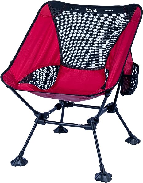 iClimb Ultralight Compact Camping Folding Beach Chair with Anti-Sinking Large Feet and Back Support Webbing (Red - Square Frame -2PC)