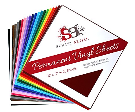 Scraft Artise 12"x12" (20 Pack) Permanent Adhesive Backed - Craft Vinyl Sheets in Matte and Glossy, (1 Each) Assorted Multi Color for Indoor and Outdoor Use, Make Monograms Stickers Decals and Signs