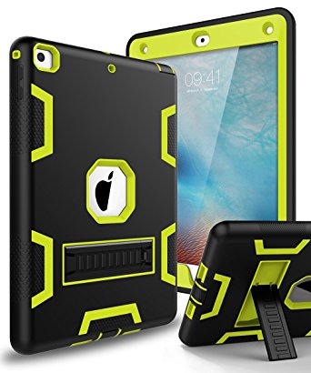 XIQI New iPad 9.7 2018 Case,iPad 6th Generation Case Three Layer Kickstand Armor Defender Heavy Duty Shockproof Rugged Hybrid Protective Case for Apple iPad 9.7 2017/2018 Release,Black Lemony Green