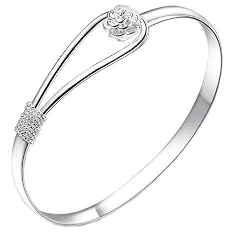925 Sterling Silver plated Cuff Bangle Bracelet Fashionable Rose pattern Chain Bracelets by Marrywindix