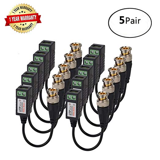 5Pair(10Pcs) Cat5 HD Video Balun,Mini Passive Transmitter/Transceivers with Lighting Protection and Coax BNC Gold Plated Connector to RJ45 Terminal for CCTV Security/Surveillance Camera Systems Use