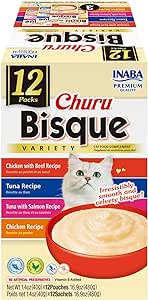 INABA Churu Bisque for Cats, Creamy Lickable Purée Side Dish with Vitamin E, 1.4 Ounces per Pouch, 12 Pouches, Tuna & Chicken Variety