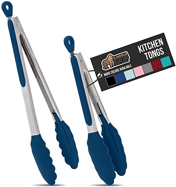 Gorilla Grip Stainless Steel Silicone Tongs for Cooking, Set of 2, Includes 7 and 9 Inch Locking Kitchen Tong, Heat Resistant Tip, Strong Grip for Large Meat, Perfect for Nonstick Pans and BBQ, Blue