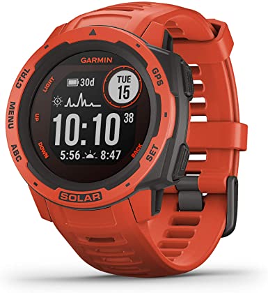 Garmin Instinct Solar, Solar-Powered Rugged Outdoor Smartwatch, Built-in Sports Apps and Health Monitoring, Flame Red