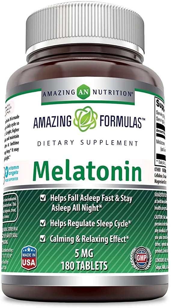 Amazing Nutrition Melatonin – 5 Mg Tablets (Non-GMO, Gluten Free) - Best Choice of Natural Sleep Aid Supplement – Promotes Calming and Relaxing Effect - 180 Tablets Per Bottle- Suitable for Vegetarian