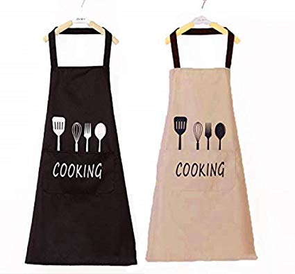 Kitchen Bib Apron - 2 Pack - Waterproof and Oil Proof - Great for Men Women Adult - Chef Favorite with Pocket (Black and Beige (2 Pack))
