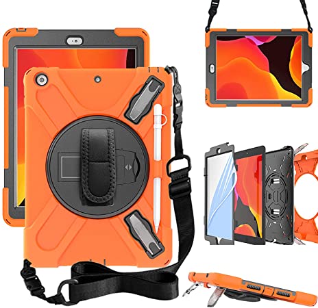 ZenRich iPad 10.2 Case, iPad 8th/ 7th Generation Case with Screen Protector Pencil Holder Kickstand Hand Strap and Shoulder Strap,zenrich Case for iPad 10.2 inch 2020/2019 Released-Orange