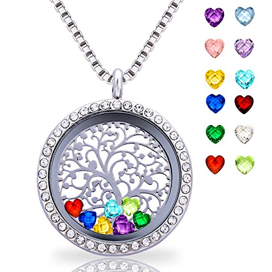 Floating Living Memory Locket Pendant Necklace Family Tree of Life Necklace All Birthstone Charms Include