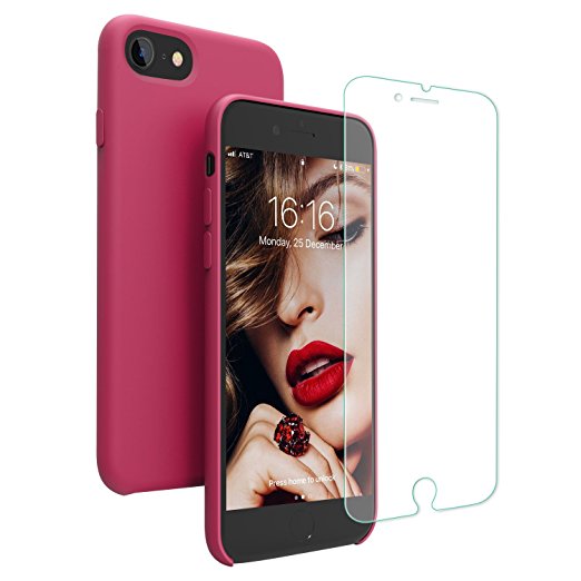 iPhone 8 Case, iPhone 7 Case, Jasbon Liquid Silicone Phone Case with Free Screen Protector Gel Rubber Shockproof Cover for Apple iPhone 7 iPhone 8-Rose Red