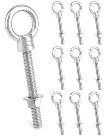 QWORK Threaded Eyebolts, 10 Pack 1/2"x4" Long Stainless Steel Marine Grade Shoulder Eye Bolt