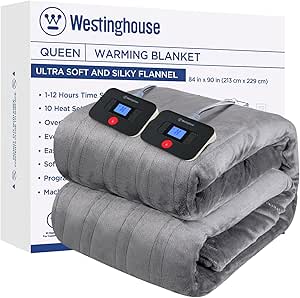 Westinghouse Electric Blanket Queen Size, Super Cozy Soft Flannel 84" x 90" Heated Blanket with 10 Fast Heating Levels & 1-12 Auto-Off, Machine Washable, ETL&FCC Certification, Light Grey