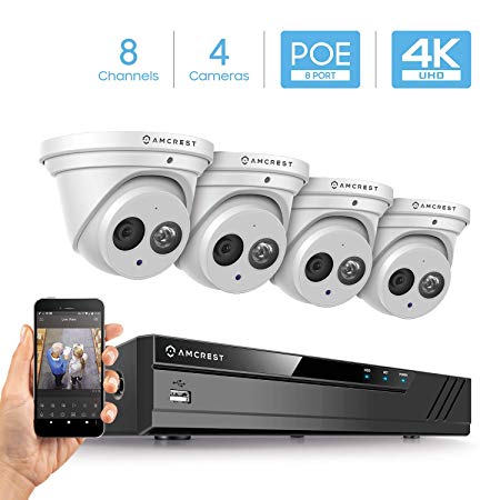 Amcrest 4K Security Camera System w/ 4K 8CH PoE NVR, (4) x 4K (8-Megapixel) IP67 Weatherproof Metal Turret Dome POE IP Cameras (3840x2160), 2.8mm Wide Angle Lens, NV4108E-IP8M-T2499EW4 (White)