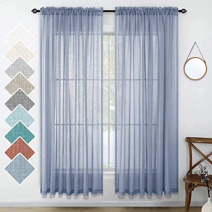 Dusty Blue Semi Sheer Curtains 84 Inch Length for Living Room Set 2 Panels Rod Pocket Window Coverings Faux Linen Drapes Textured Dusty Blue Curtains for Bedroom Decor 52x84 Long Grey Blue