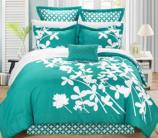 Chic Home Iris 7-Piece Comforter Set with Four Shams and Decorative Pillow, Queen Size, Turquoise, Bedskirt
