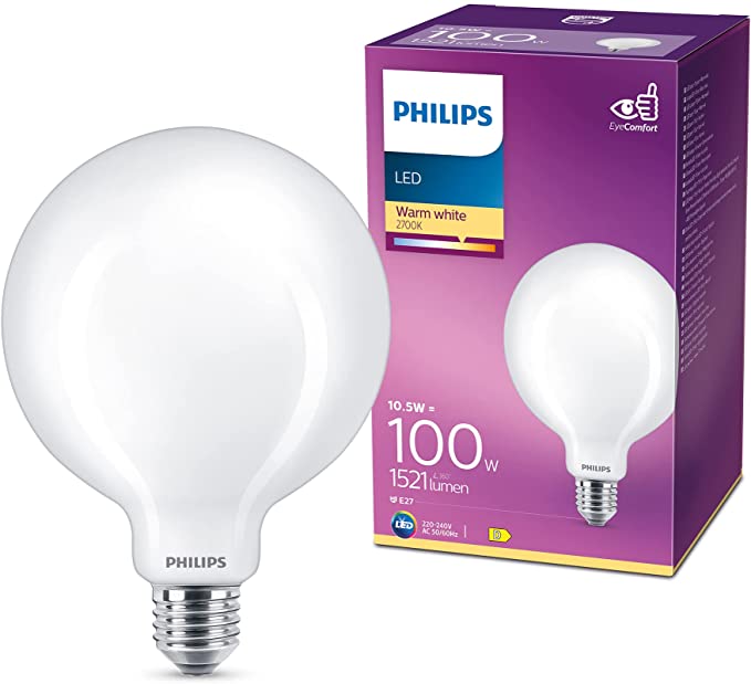 Philips LED Frosted Globe G120 Light Bulb [E27 Edison Screw] 10.5W - 100W Equivalent, Warm White (2700K)