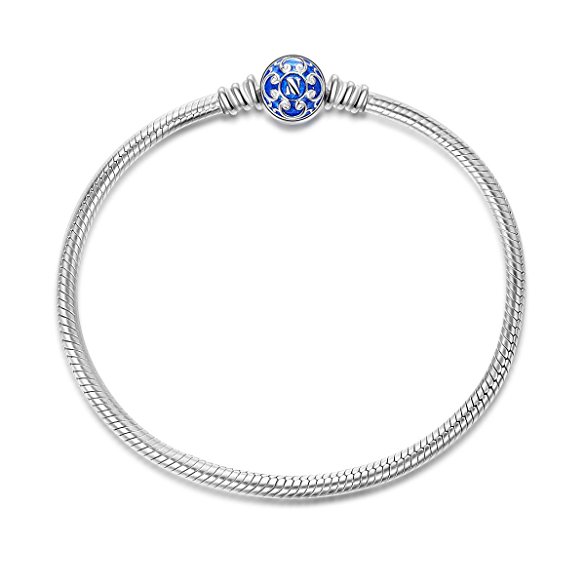 NinaQueen 925 Sterling Silver Snake Chain Bracelet with Blue Clasp Charms, Ideal Gift for wife, girlfriend, families and friends on Birthday, Anniversary, Thanksgiving Day and Christmas Day. "Women Fine Jewelry"
