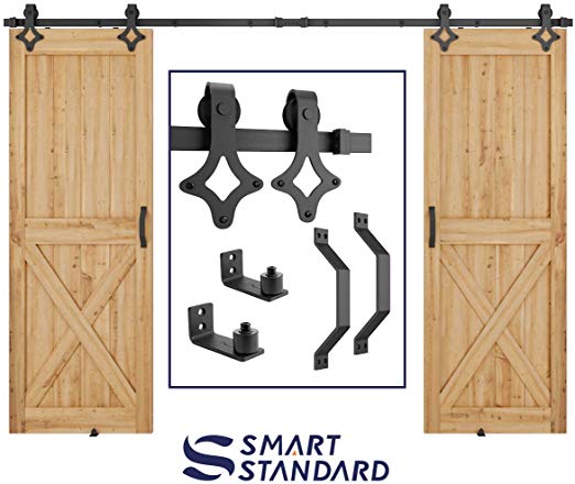 10 FT Heavy Duty Double Gate Sliding Barn Door Hardware Kit, 10ft Double Rail, Black, (Whole Set Includes 2X Pull Handle Set & 2X Floor Guide) Fit 30" Wide Door Panel (Rhombic Shape)