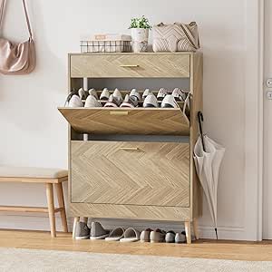 Anmytek Shoe Storage Cabinet with 2 Flip Drawers & 1 Drawer, Natural Oak Slim Shoe Cabinet with Wooden Legs, Freestanding Hidden Narrow Shoes Organizer Cabinet for Entryway, Hallway