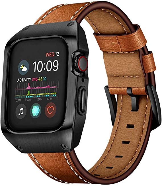 EloBeth 44mm Band Case Compatible with Apple Watch Band 44mm Series 5/4, Genuine Leather Bands & Metal Protective Cover for iWatch Series 4/5 44mm (Brown/Black)