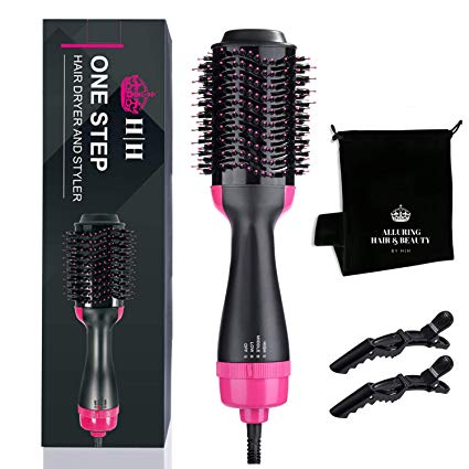 Hair Dryer Brush & Volumizer, H|H One Step Hot Air Brush, Ceramic Electric Blow, 4-In-1 Negative Ion Hair Curler Straightener Comb Styler with 2 Clips & Frizz Bag