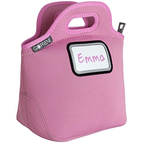 Identi Tote: Kids' Insulated Neoprene Lunch Bag with Reflective ID Card Pocket ~ Reusable, Foldable, Washable, Unisex, 11" High x 11" Wide x 6.5" Deep, PINK   3 Blank Name Cards by GOPRENE