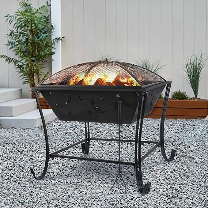 hmercy Outdoor Fire Pit 24 Inch Fireplace Wood Burning Patio Bonfire for Outside with Spark Screen and Fireplace Poker