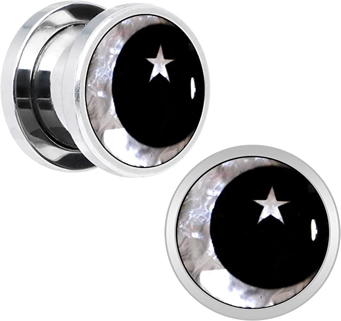 Body Candy Stainless Steel Mother of Pearl Inlay Moon Star Screw Fit Ear Gauge Plug Set of 2 5mm to 20mm