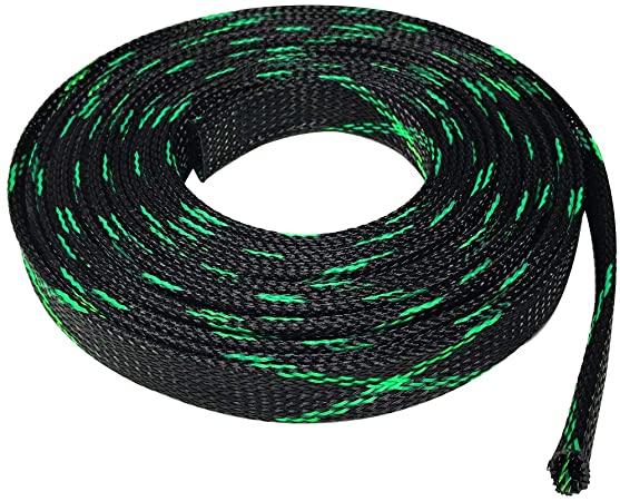 Seismic Audio - EBS1225Green- 25 Foot Green/Black 1/2" Expandable Woven Cable Sleeve Tubing Cord Sock