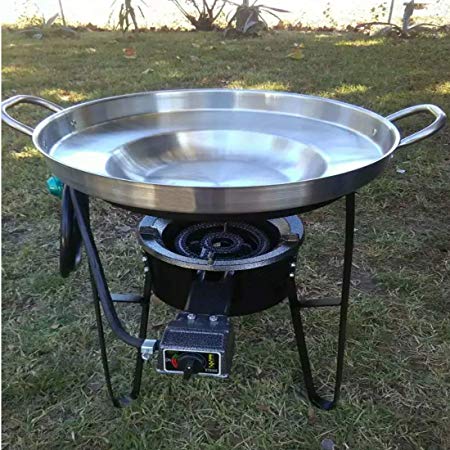 Large 3 in 1 Mexican Style Concave Comal Stainless Steel 22" Set With Propane Burner Stove & Heavy Duty Metal Cast Iron Stand-Ideal for Food Residential Commercial Restaurant Para Tacos Use