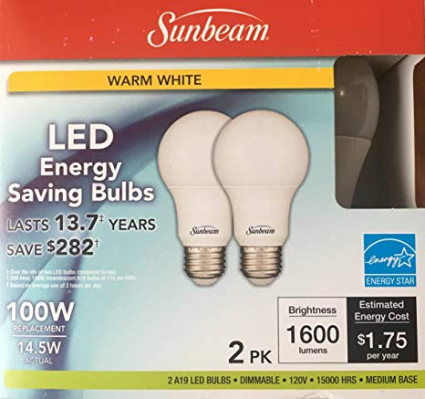 Sunbeam 100W LED DIMMABLE A19 / A21 Light 2 PACK, ENERGY STAR, 1600 Lumens, 3000K WARM WHITE, 14.5 Watt, 100 Replacement / Equivalent