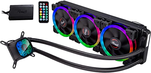 Rosewill RGB CPU Liquid Cooler with Customizable Lighting Effects, Three Fans, Close-Loop Design, RGB Synchronization Support, and RGB Fan Expansion Support