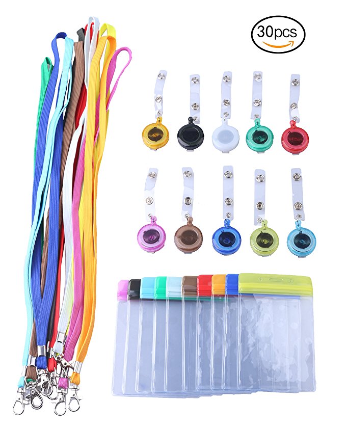Rocclo Color card lanyard Retractable Badge Holder 30 Pack