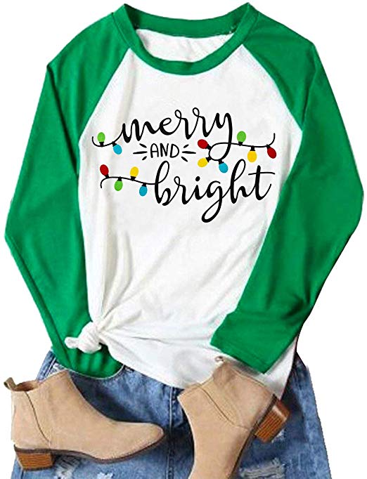 Christmas Tshirt Women Merry and Bright Shirt Letters Print Splicing 3/4 Sleeve Baseball Tshirt Blouse Tee Tops