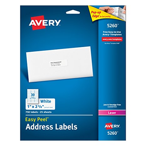 Avery Easy Peel Address Labels for Laser Printers 1" x 2-5/8", Pack of 750 (5260)